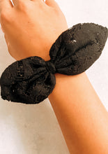 Load image into Gallery viewer, lace bow scrunhcie black

