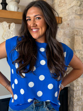 Load image into Gallery viewer, Blue and White Polka Dot Top

