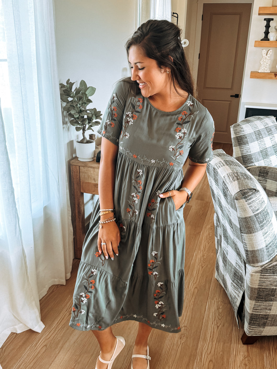 Olive Embroidered Midi Dress