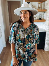 Load image into Gallery viewer, Fall Floral Navy Smocked Blouse
