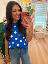 Load image into Gallery viewer, Blue and White Polka Dot Top
