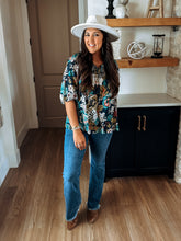 Load image into Gallery viewer, Fall Floral Navy Smocked Blouse
