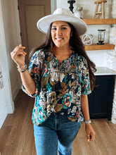 Load image into Gallery viewer, Fall Floral Navy Smocked Blouse
