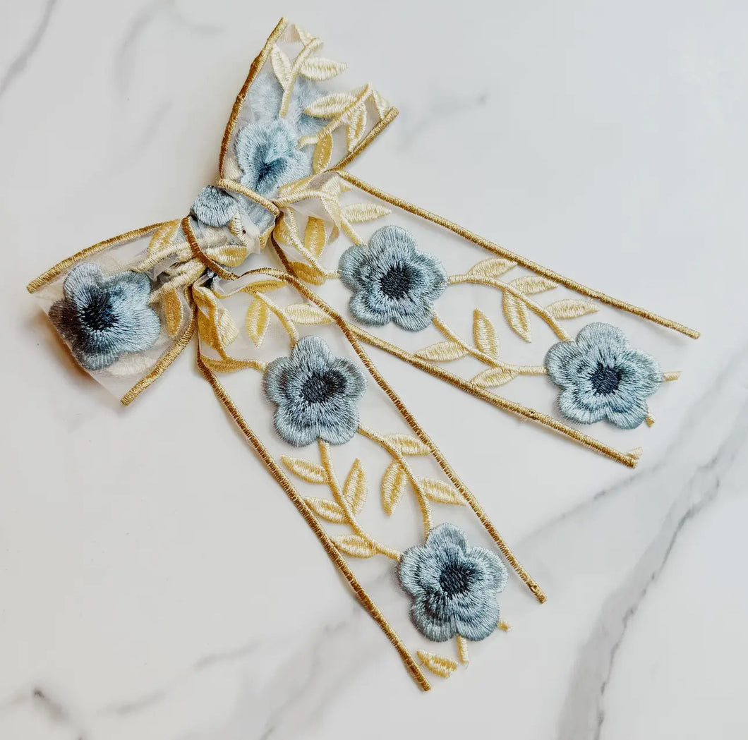 Lacey Flower Embroidered Bow Hair Clip - 2 Colors