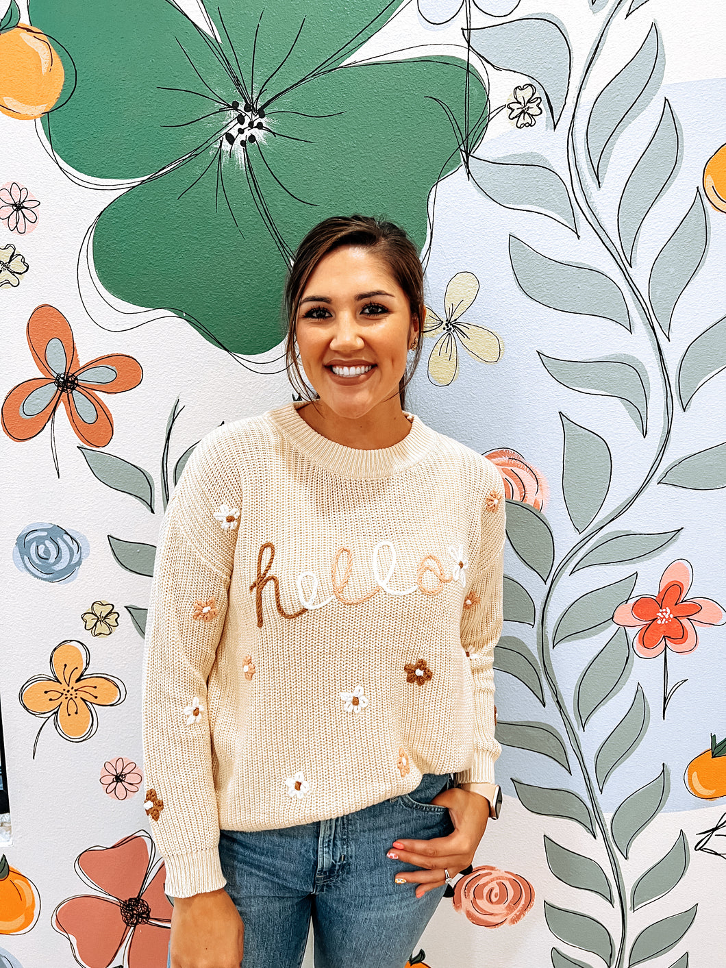 Hello Flower Embroidery Sweater