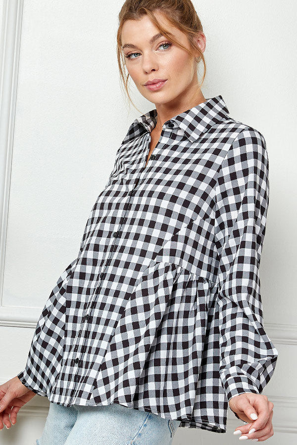 Gingham Button Down Ruffle Top