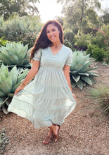 Load image into Gallery viewer, Minty Sage. Eyelet Floral Tiered Midi Dress 
