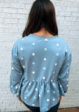 Load image into Gallery viewer, color of blue peplum sweatshirt polkadot 

