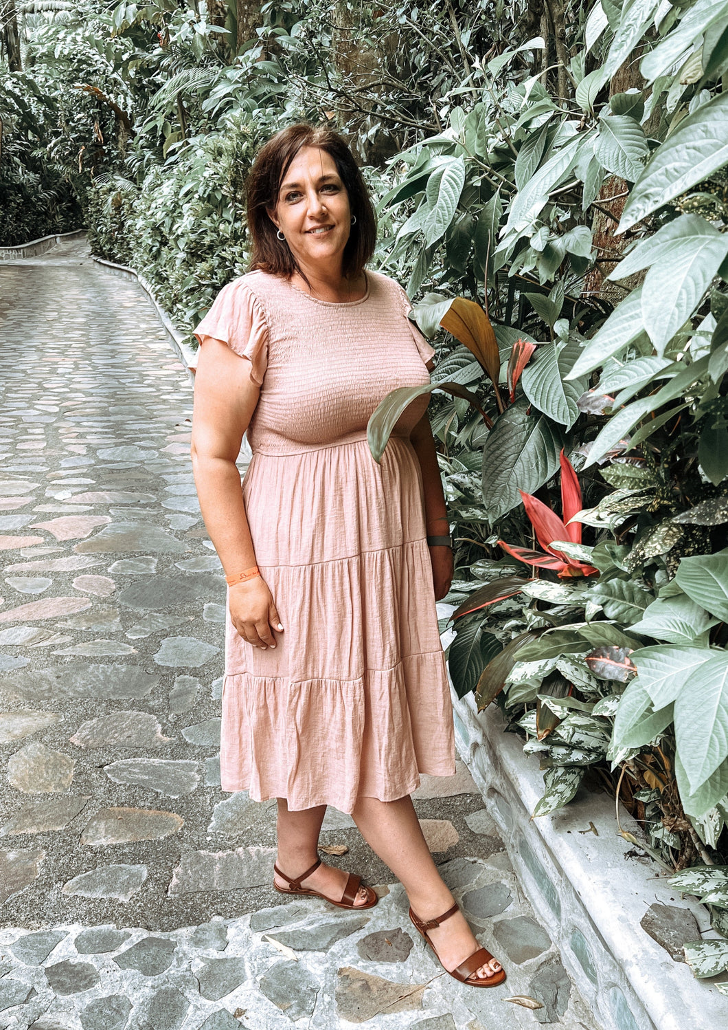 blush tiered midi dress with short sleeves and plus size 