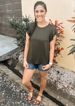 Load image into Gallery viewer, Olive Basic tee with a ruffle Sleeve 
