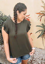 Load image into Gallery viewer, Olive Basic tee with a ruffle Sleeve 

