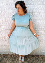 Load image into Gallery viewer, Green Mint Smocked Top Flutter Sleeves Tiered Skirt Mint Green
