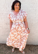 Load image into Gallery viewer, Peachy Floral maxi dress v- neck neckline 

